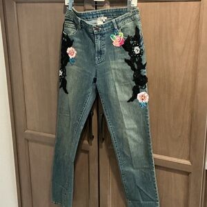 Alberto Makali Denim Straight Leg Jeans with Floral Appliqués